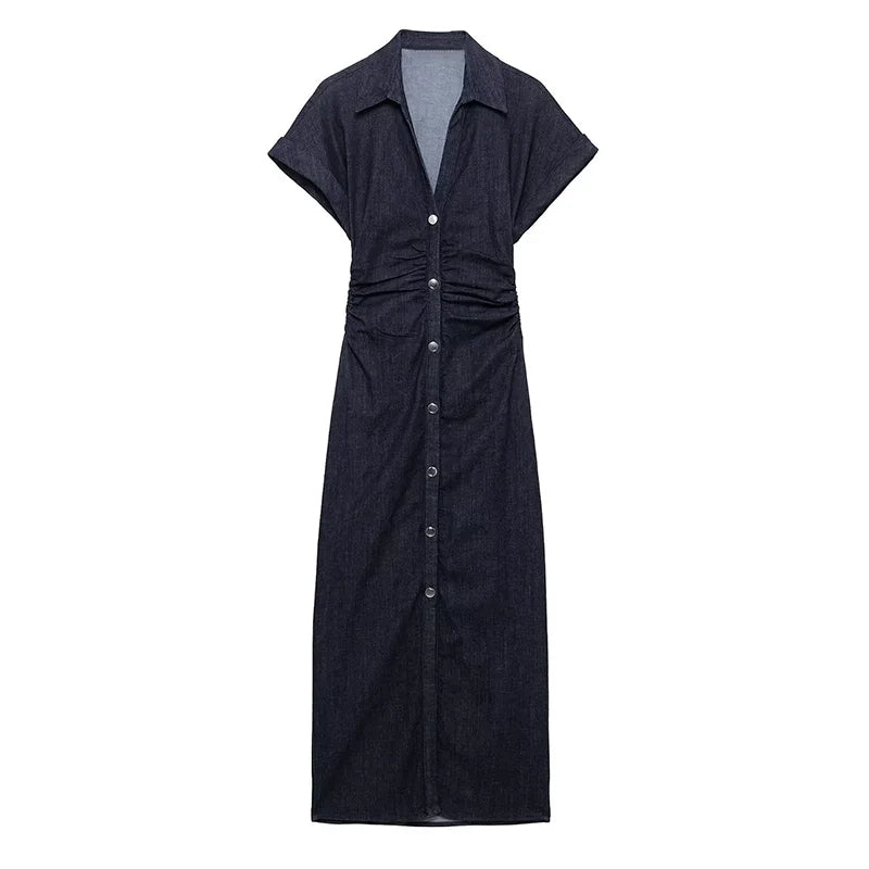 Fashion Denim Backless Dress Women's O-neck Lace Up Sleeveless High Waisted Pleated Dresses 2025 Summer New Lady Elegant Robe