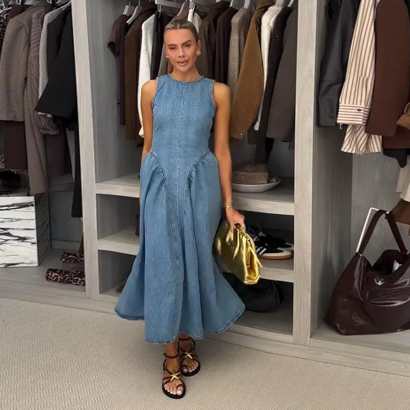 Fashion Denim Backless Dress Women's O-neck Lace Up Sleeveless High Waisted Pleated Dresses 2025 Summer New Lady Elegant Robe