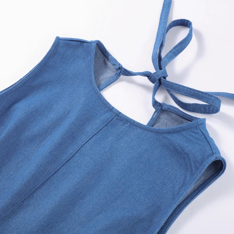 Fashion Denim Backless Dress Women's O-neck Lace Up Sleeveless High Waisted Pleated Dresses 2025 Summer New Lady Elegant Robe