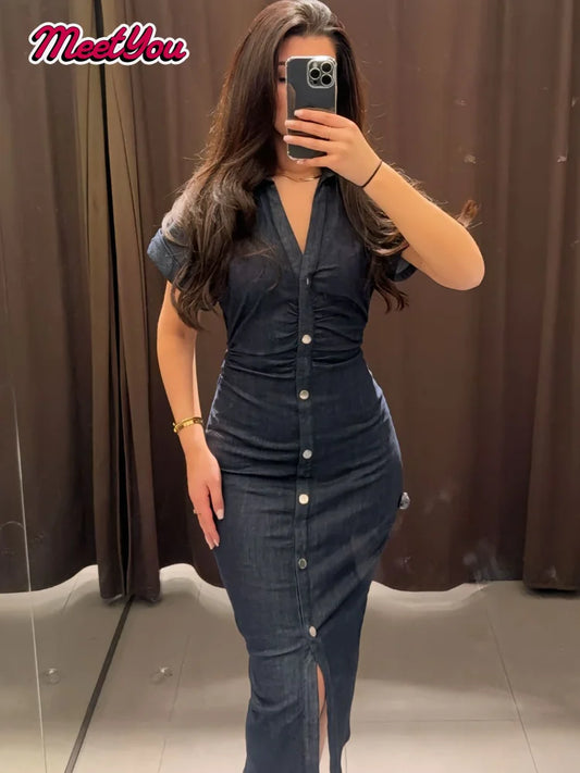 Women Denim V-neck Short Sleeved Long Dress Chic Slim Fit Single Breast Slit Vestidos New High Street Casual Solid Commuter Gown
