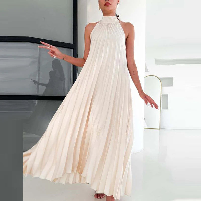 2025 Sexy Sleeveless High Waist Party Dress Spring Summer Half High Neck Loose Women Dress Casual Multi-color Pleated Long Dress
