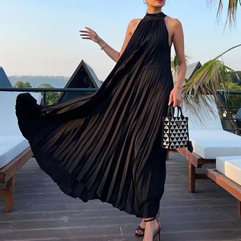 2025 Sexy Sleeveless High Waist Party Dress Spring Summer Half High Neck Loose Women Dress Casual Multi-color Pleated Long Dress