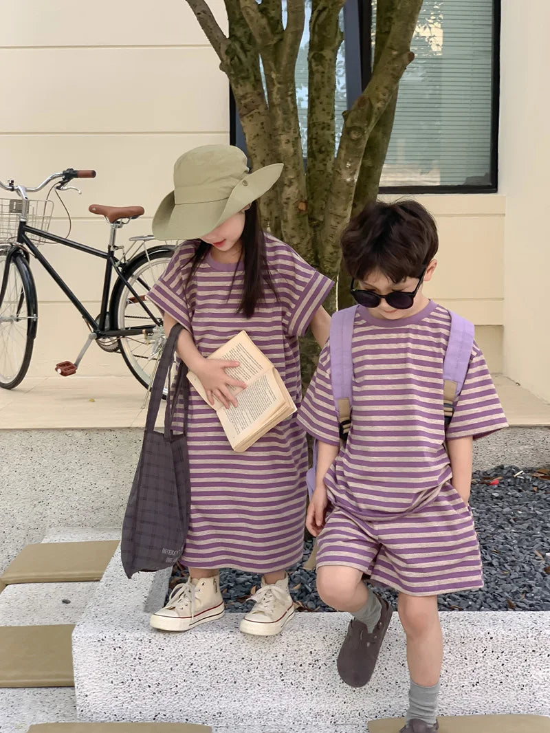 MILANCEL Summer Kids Clothing Set Striped Tee And Shorts Boys Casual Suit Girl Long Dress Brother And Sister Clothes