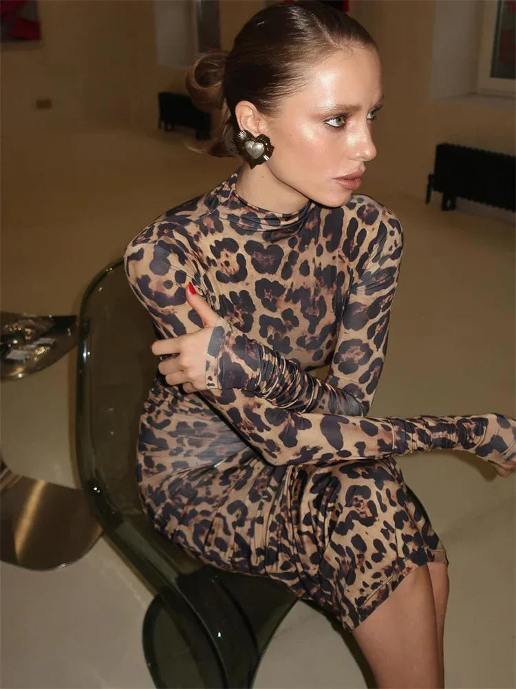Print Leopard Print Slim Long Dress Women's Fashion Long Sleeve Sexy Party Dress Summer Street Leopard Print Long Dress 2024 New
