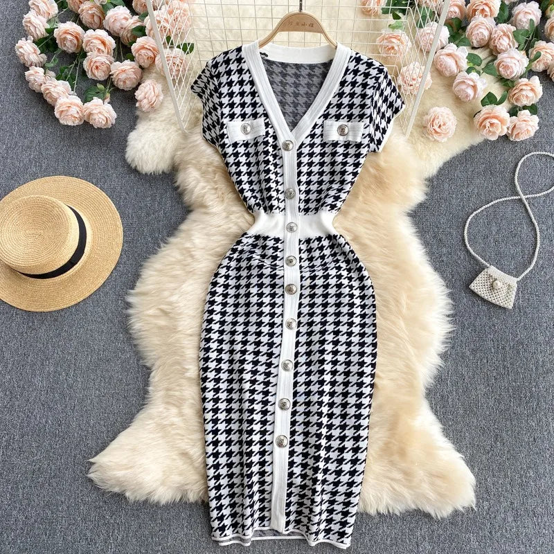 YuooMuoo Brand Fashion Houndstooth Knitted Long Dress 2024 Summer Fashion Vintage Elegant Office Lady Wrap Hips Bodycon Dress