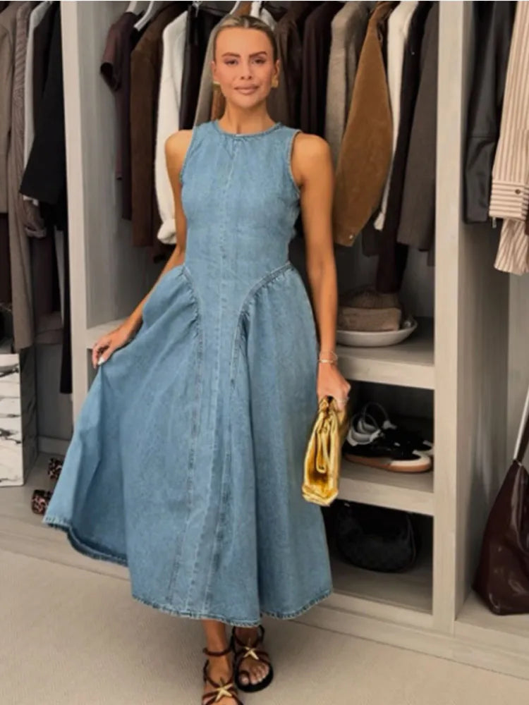 Women Denim V-neck Short Sleeved Long Dress Chic Slim Fit Single Breast Slit Vestidos New High Street Casual Solid Commuter Gown