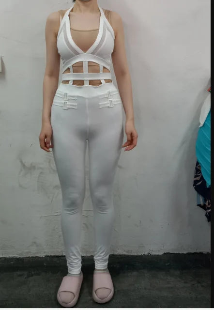 Women's jumpsuit 2025 summer new sleeveless new fashionable hollow camisole buckle comparison mesh tight jumpsuit