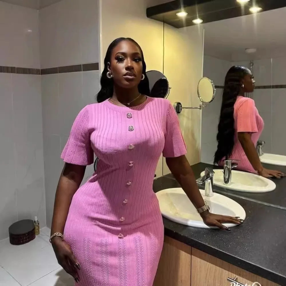 Dresses Women Summer Knitting Long Dress Single Breasted Round Collar Short Sleeve Sexy Bodycon Office Lady Knit Vestidos