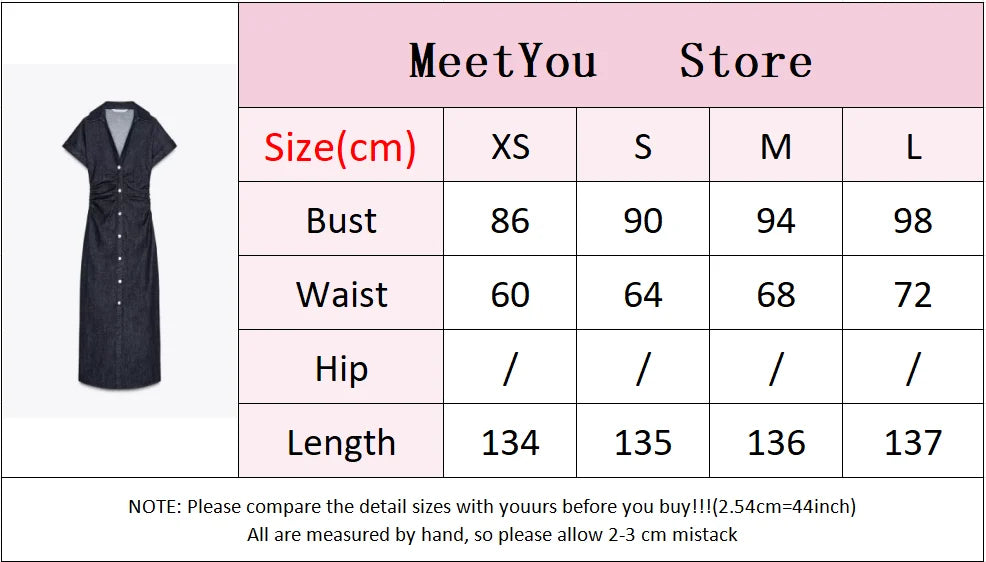 Women Denim V-neck Short Sleeved Long Dress Chic Slim Fit Single Breast Slit Vestidos New High Street Casual Solid Commuter Gown