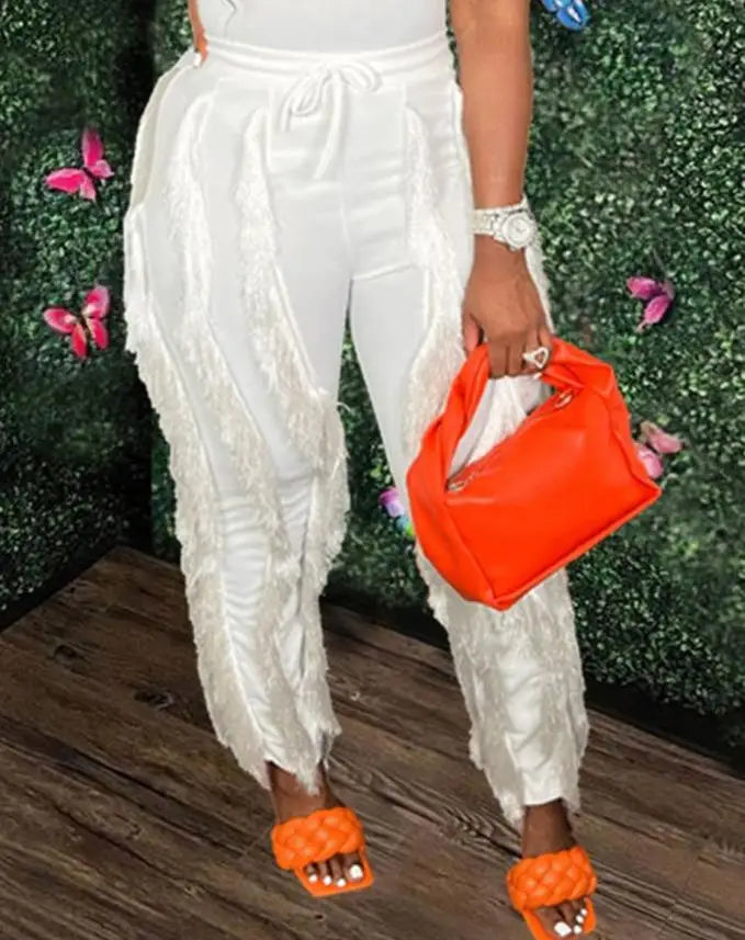 Fashion Solid Romper Casual Tank Top & Tassel Decor Drawstring Pants Set Skinny Tank Jumpsuits Summer Female Outfit Streetwear