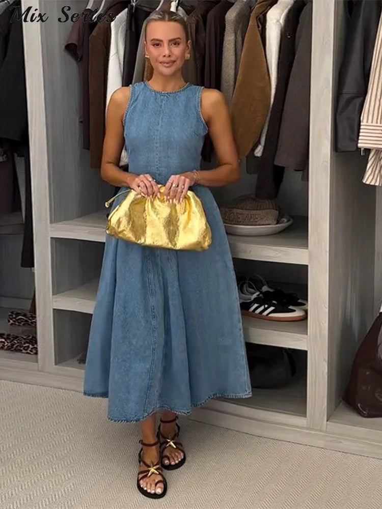 Fashion Denim Backless Dress Women's O-neck Lace Up Sleeveless High Waisted Pleated Dresses 2025 Summer New Lady Elegant Robe