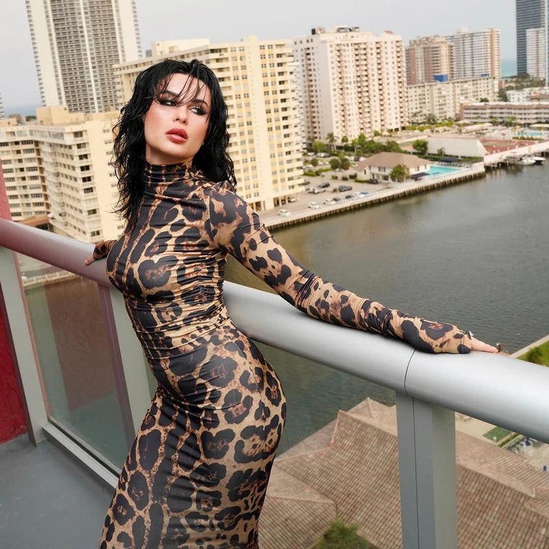 Print Leopard Print Slim Long Dress Women's Fashion Long Sleeve Sexy Party Dress Summer Street Leopard Print Long Dress 2024 New