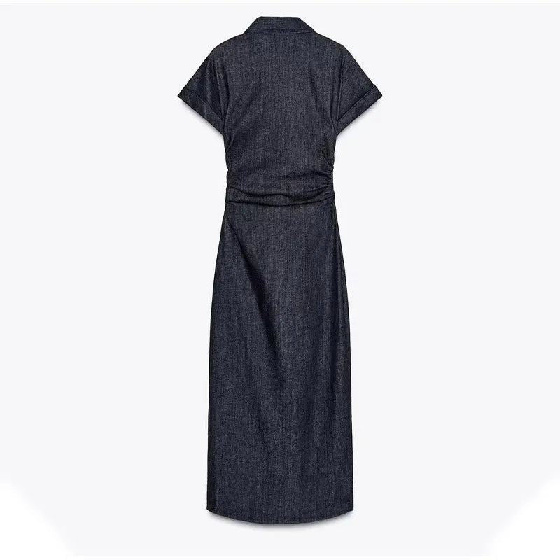 Women Denim V-neck Short Sleeved Long Dress Chic Slim Fit Single Breast Slit Vestidos New High Street Casual Solid Commuter Gown