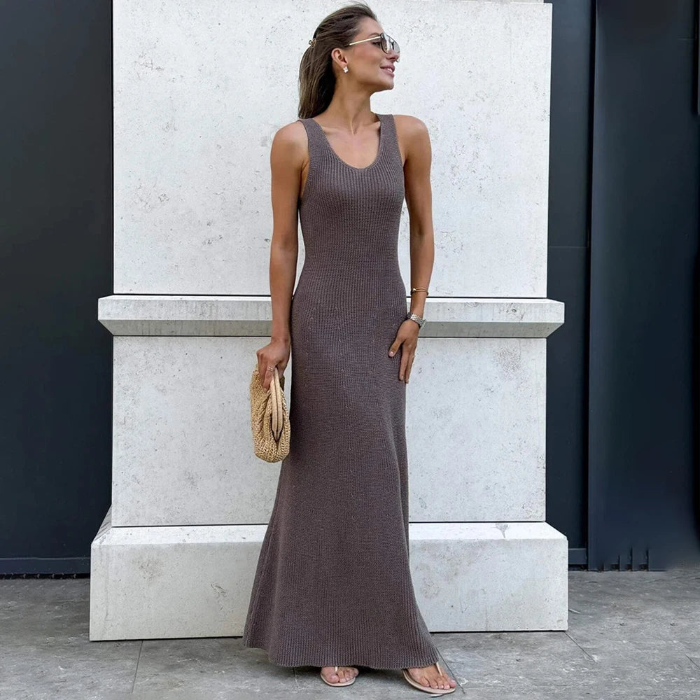Talenza Summer Knit Long Dress Solid Sleeveless Casual High Waist Halter Long Dress Knit Backless Office Lady Women's Dress 2025
