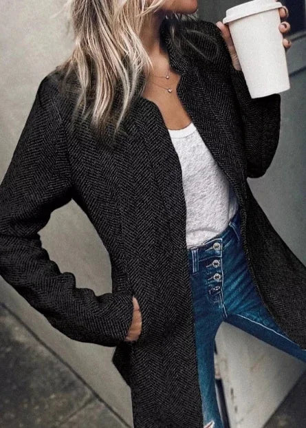 Women's Jacket 2023 Autumn Solid Notch Collar Long Sleeve Pocket Design Temperament Commuting Slim Long Woolen Jacket Coat