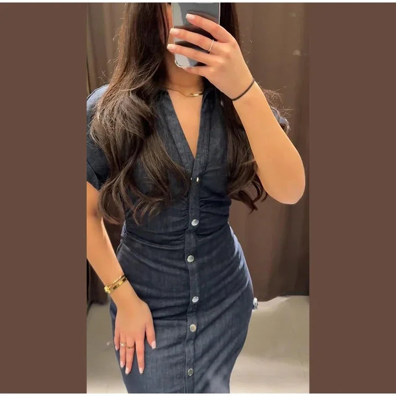 Retro Pleated Long Dresses with Sleeves Women Vintage Single-breasted Slim Female Dress 2025 Spring Summer Lady Street Vestidos