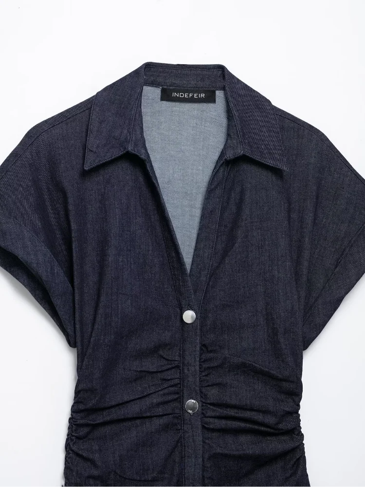 Women Denim V-neck Short Sleeved Long Dress Chic Slim Fit Single Breast Slit Vestidos New High Street Casual Solid Commuter Gown