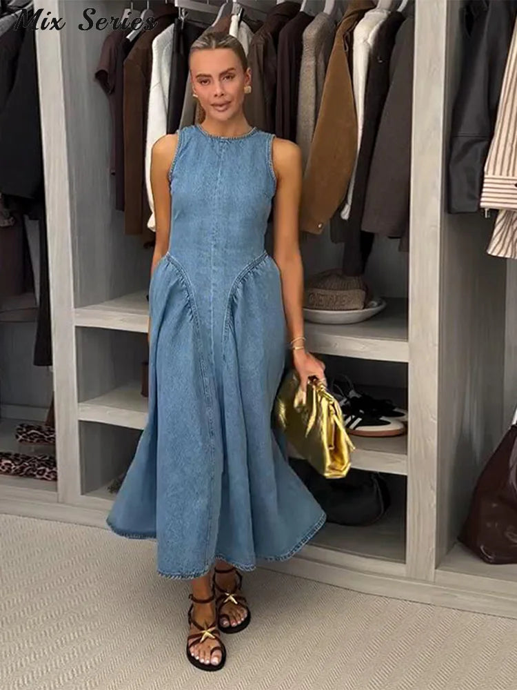 Fashion Denim Backless Dress Women's O-neck Lace Up Sleeveless High Waisted Pleated Dresses 2025 Summer New Lady Elegant Robe