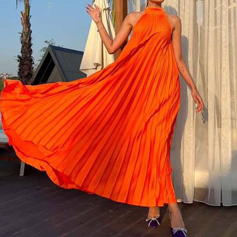 2025 Sexy Sleeveless High Waist Party Dress Spring Summer Half High Neck Loose Women Dress Casual Multi-color Pleated Long Dress