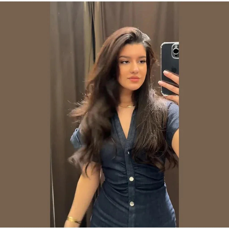 Retro Pleated Long Dresses with Sleeves Women Vintage Single-breasted Slim Female Dress 2025 Spring Summer Lady Street Vestidos