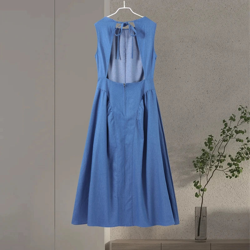 Fashion Denim Backless Dress Women's O-neck Lace Up Sleeveless High Waisted Pleated Dresses 2025 Summer New Lady Elegant Robe