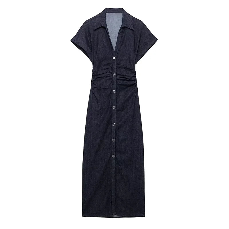 Retro Pleated Long Dresses with Sleeves Women Vintage Single-breasted Slim Female Dress 2025 Spring Summer Lady Street Vestidos