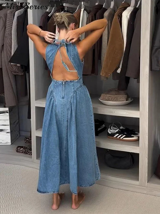 Fashion Denim Backless Dress Women's O-neck Lace Up Sleeveless High Waisted Pleated Dresses 2025 Summer New Lady Elegant Robe
