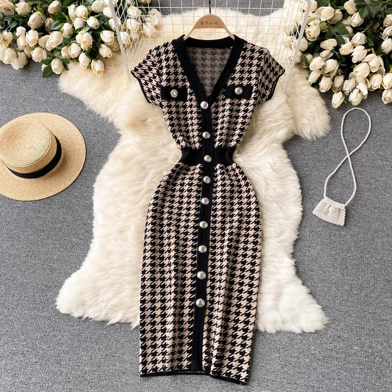 YuooMuoo Brand Fashion Houndstooth Knitted Long Dress 2024 Summer Fashion Vintage Elegant Office Lady Wrap Hips Bodycon Dress