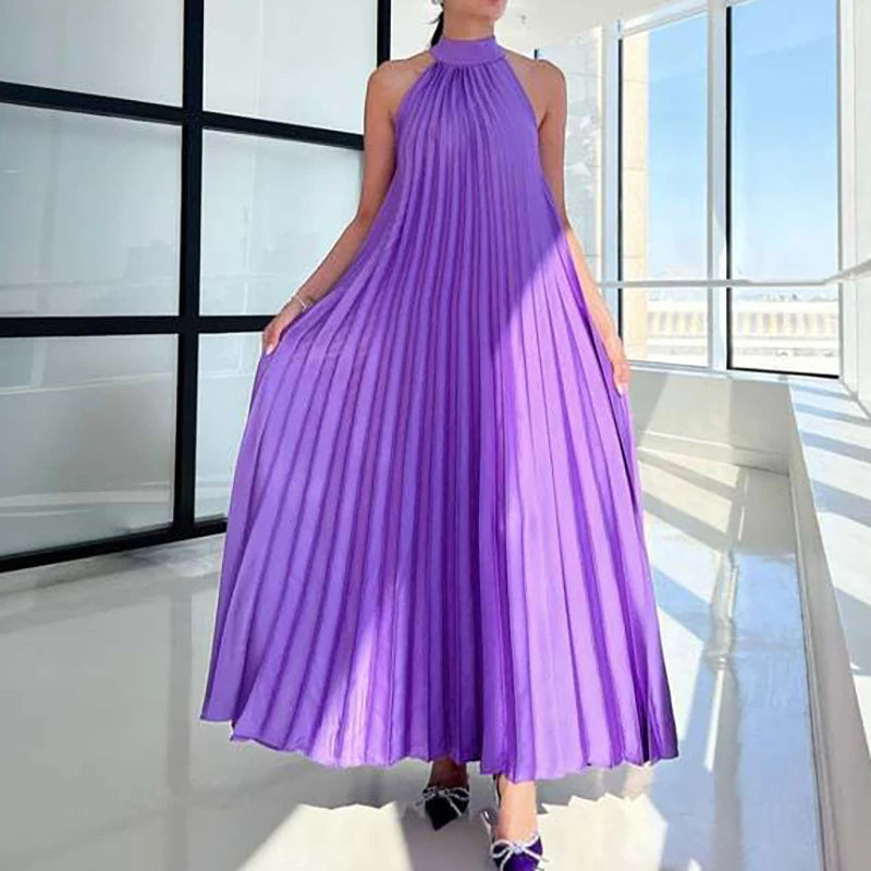 2025 Sexy Sleeveless High Waist Party Dress Spring Summer Half High Neck Loose Women Dress Casual Multi-color Pleated Long Dress