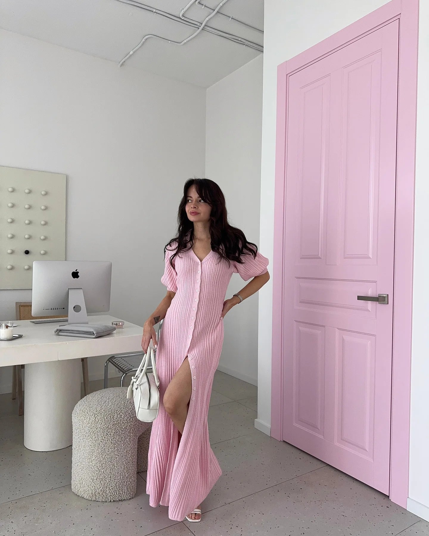 Tornova Fashion Cardigan Long Knitted Dress For Women Puff Sleeve Retro Fashion Sweater Dress 2025 Summer Sexy Vacation Dress