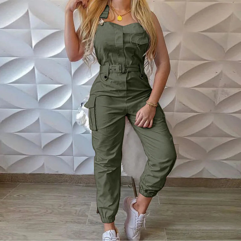 Autumn Women's Clothing Bodysuit Jumpsuit 2023 Simple Zipper Cargo High Waisted Conjoined Body Pants Sleeveless Strap Trousers