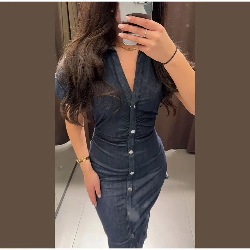 Women Denim V-neck Short Sleeved Long Dress Chic Slim Fit Single Breast Slit Vestidos New High Street Casual Solid Commuter Gown