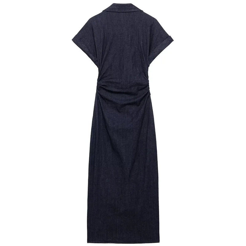 TRAF Womens Denim Dresses Summer 2025 Button Bodycon Blue Dress Ruffled Batwing Sleeve Long Dress Chic Casual Beach Vestidos 066