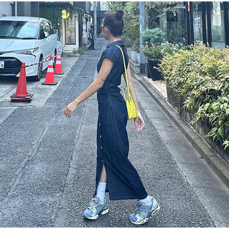 Fashion Denim Backless Dress Women's O-neck Lace Up Sleeveless High Waisted Pleated Dresses 2025 Summer New Lady Elegant Robe