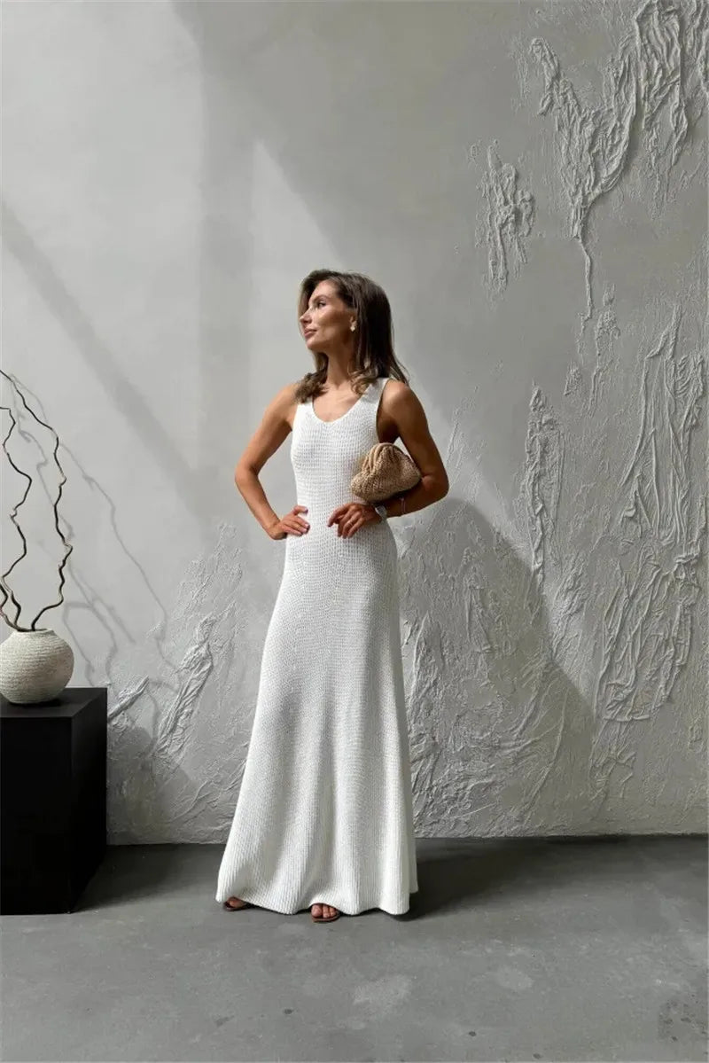 Talenza Summer Knit Long Dress Solid Sleeveless Casual High Waist Halter Long Dress Knit Backless Office Lady Women's Dress 2025