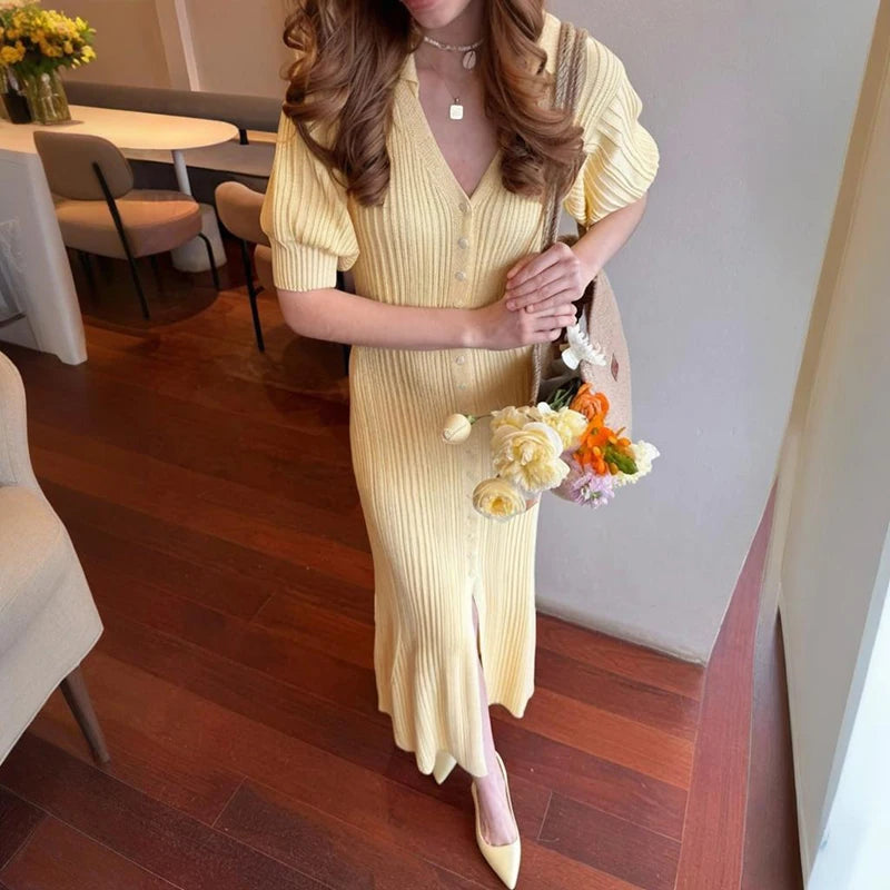 Tornova Fashion Cardigan Long Knitted Dress For Women Puff Sleeve Retro Fashion Sweater Dress 2025 Summer Sexy Vacation Dress