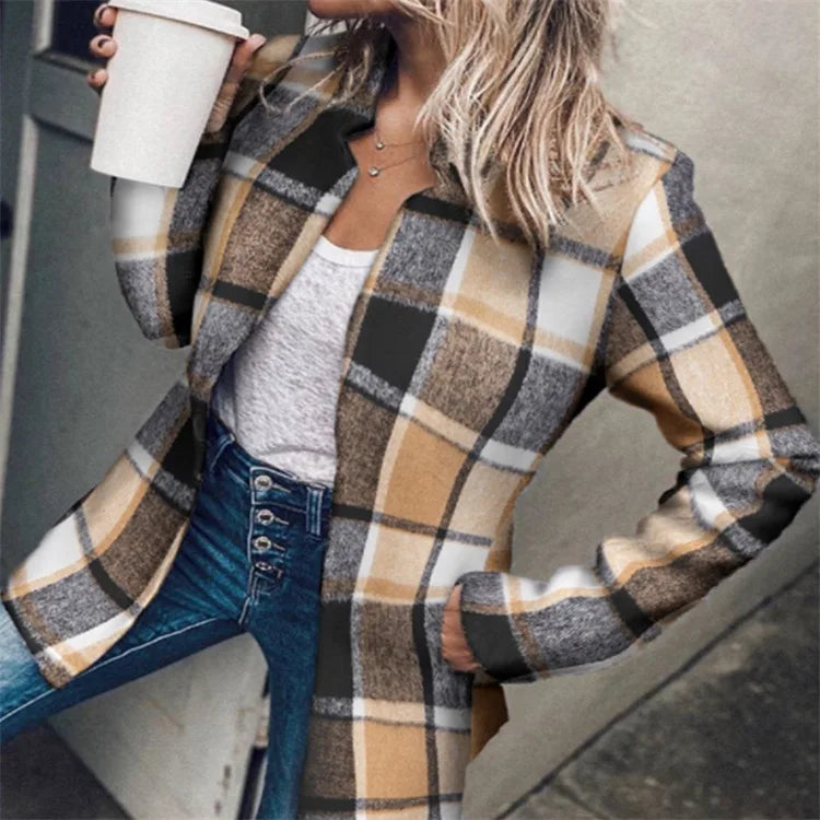Women's Jacket 2023 Autumn Solid Notch Collar Long Sleeve Pocket Design Temperament Commuting Slim Long Woolen Jacket Coat