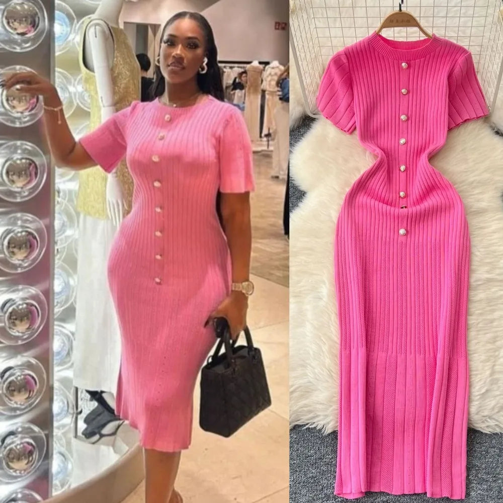 Dresses Women Summer Knitting Long Dress Single Breasted Round Collar Short Sleeve Sexy Bodycon Office Lady Knit Vestidos