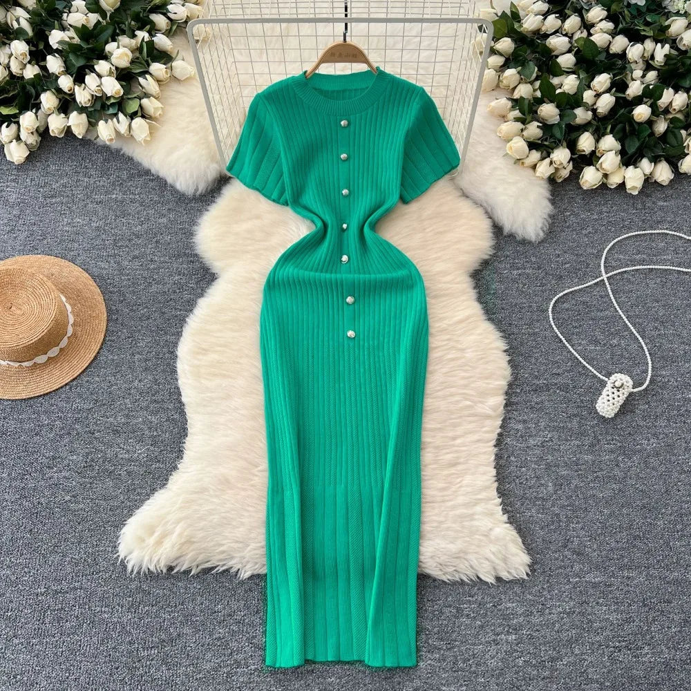 Dresses Women Summer Knitting Long Dress Single Breasted Round Collar Short Sleeve Sexy Bodycon Office Lady Knit Vestidos