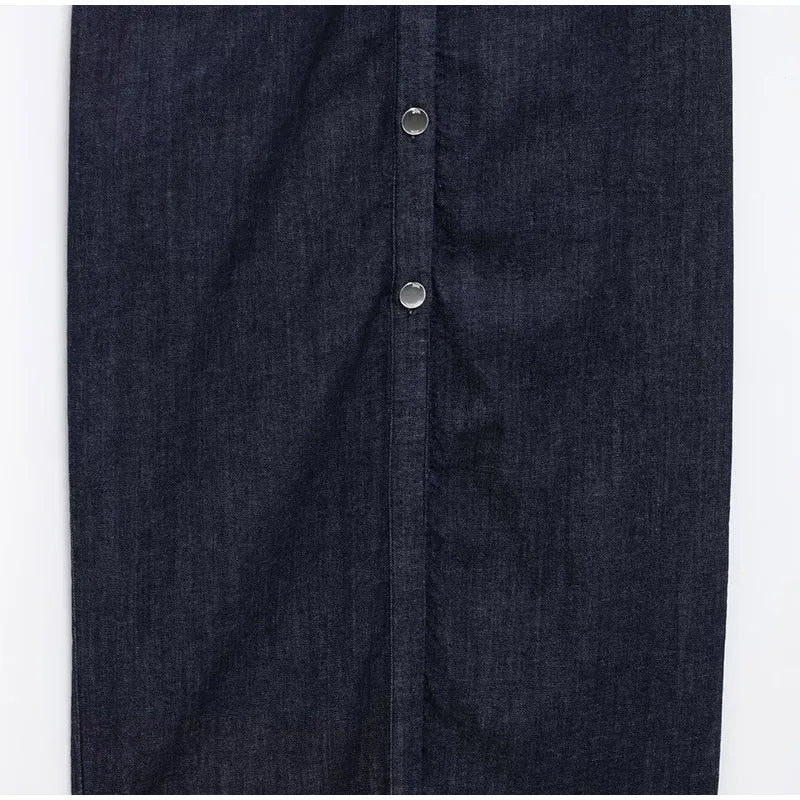 Women Denim V-neck Short Sleeved Long Dress Chic Slim Fit Single Breast Slit Vestidos New High Street Casual Solid Commuter Gown