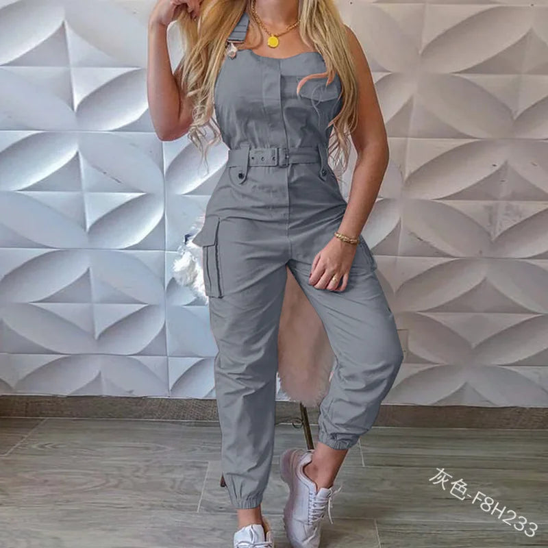 Autumn Women's Clothing Bodysuit Jumpsuit 2023 Simple Zipper Cargo High Waisted Conjoined Body Pants Sleeveless Strap Trousers