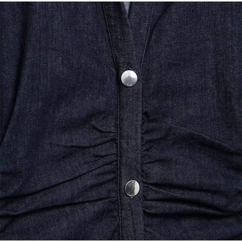 Women Denim V-neck Short Sleeved Long Dress Chic Slim Fit Single Breast Slit Vestidos New High Street Casual Solid Commuter Gown