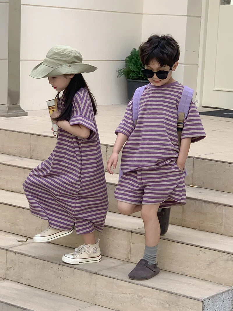 MILANCEL Summer Kids Clothing Set Striped Tee And Shorts Boys Casual Suit Girl Long Dress Brother And Sister Clothes