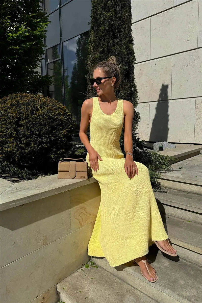 Talenza Summer Knit Long Dress Solid Sleeveless Casual High Waist Halter Long Dress Knit Backless Office Lady Women's Dress 2025