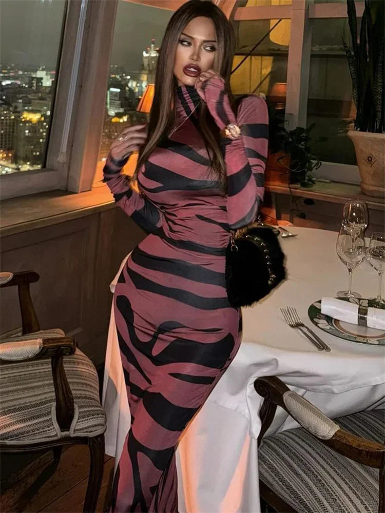 Print Leopard Print Slim Long Dress Women's Fashion Long Sleeve Sexy Party Dress Summer Street Leopard Print Long Dress 2024 New
