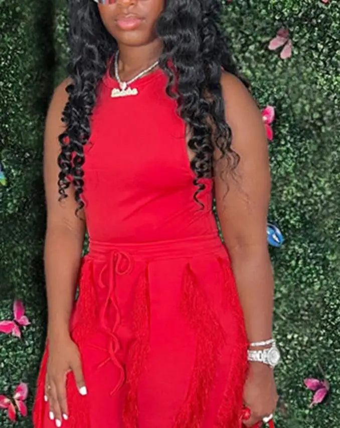 Fashion Solid Romper Casual Tank Top & Tassel Decor Drawstring Pants Set Skinny Tank Jumpsuits Summer Female Outfit Streetwear