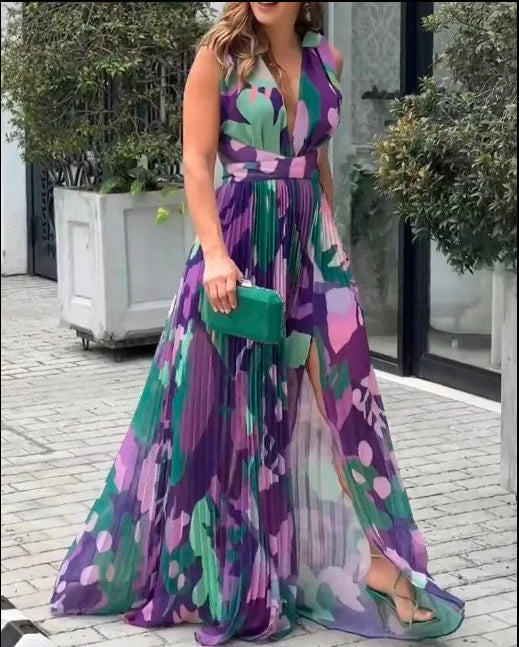 New Women's Long Dress V-neck Sleeveless Pleated Printed Slit Dress Elegant And Fashionable Style Elegant Beach Floral Dress
