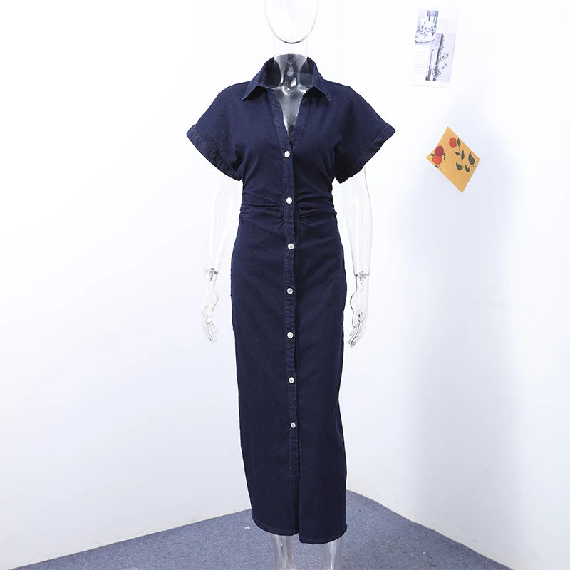 Fashion Denim Backless Dress Women's O-neck Lace Up Sleeveless High Waisted Pleated Dresses 2025 Summer New Lady Elegant Robe