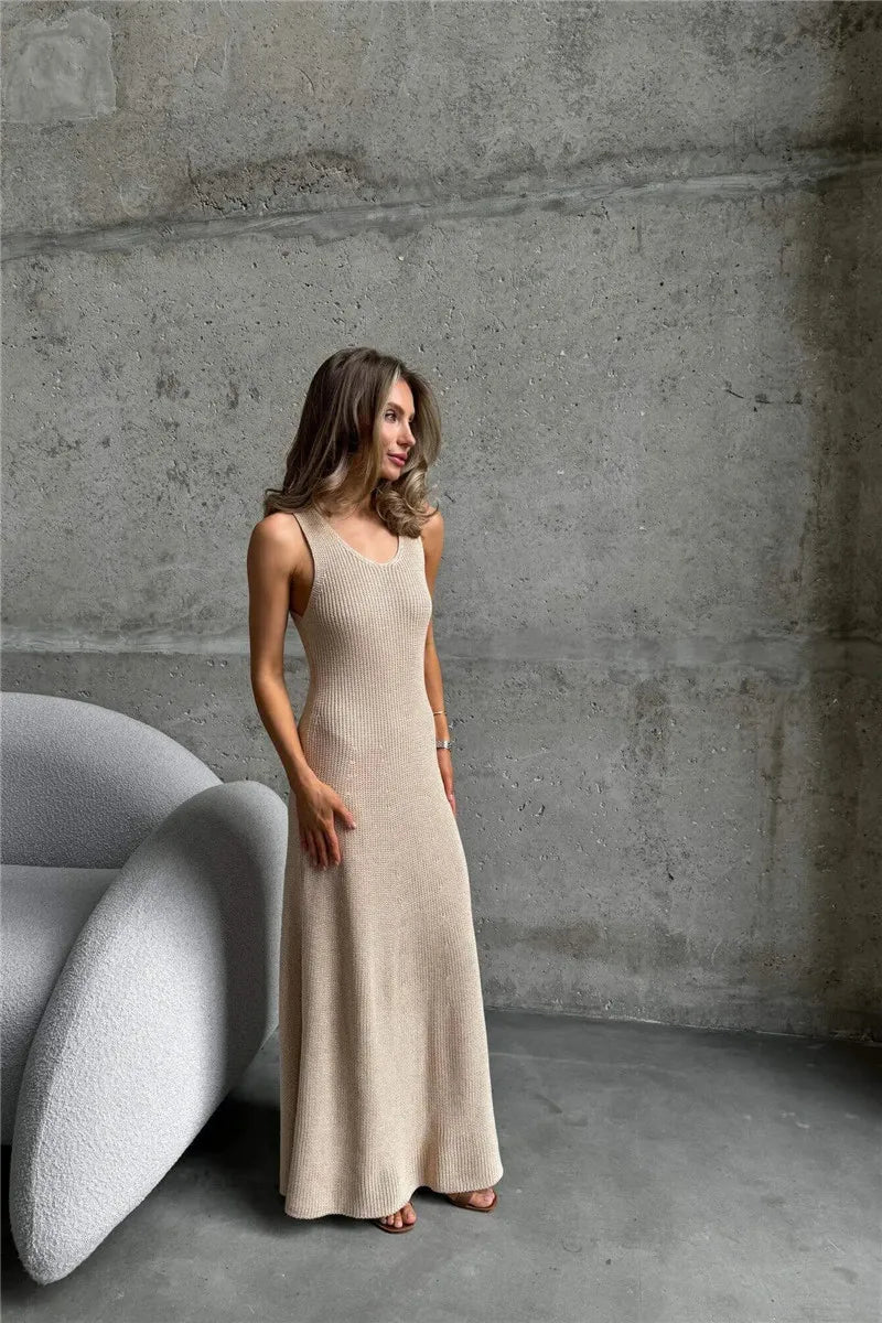 Talenza Summer Knit Long Dress Solid Sleeveless Casual High Waist Halter Long Dress Knit Backless Office Lady Women's Dress 2025