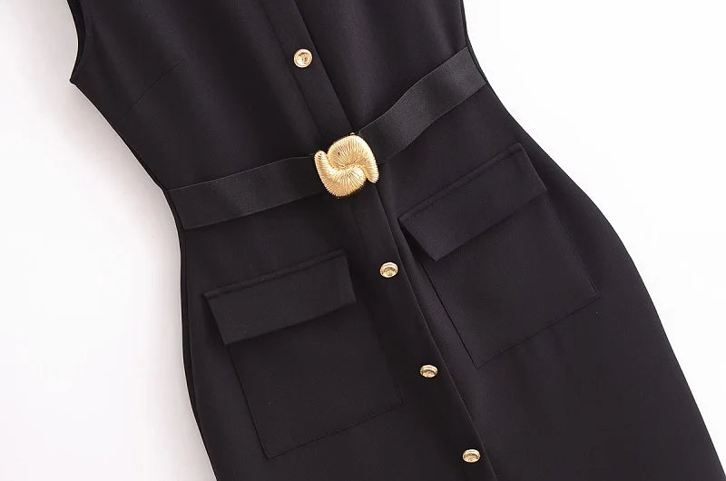 MUJER 2025 Womens Dresses Black Office Long Dresses for Women Spring Sleeveless Midi Dress Woman Belt Button Women's Dress Vest